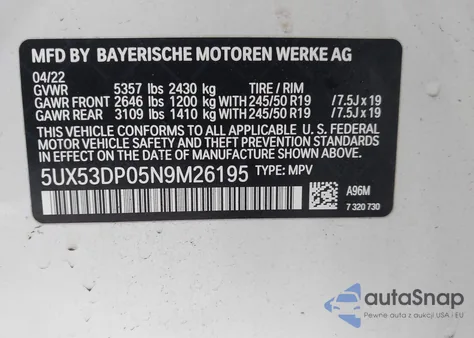 2022 BMW X3 xDrive30I из США, поврежденный, VIN 5UX53DP05N9M26195